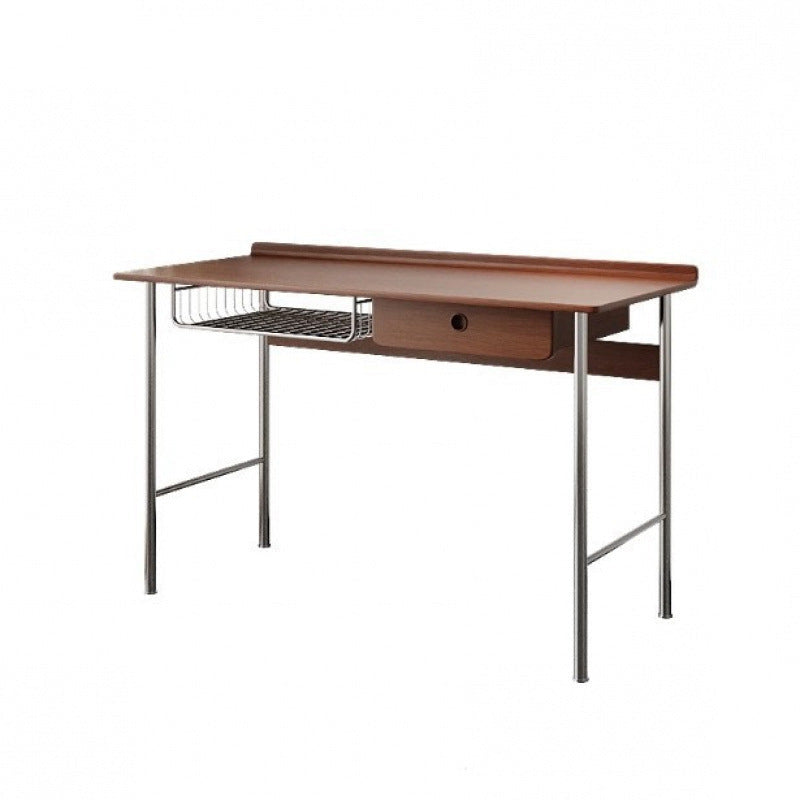 Modern Minimalist Rectangular Solid Wood Stainless Steel Desk 4-Leg 1-Drawer For Home Office
