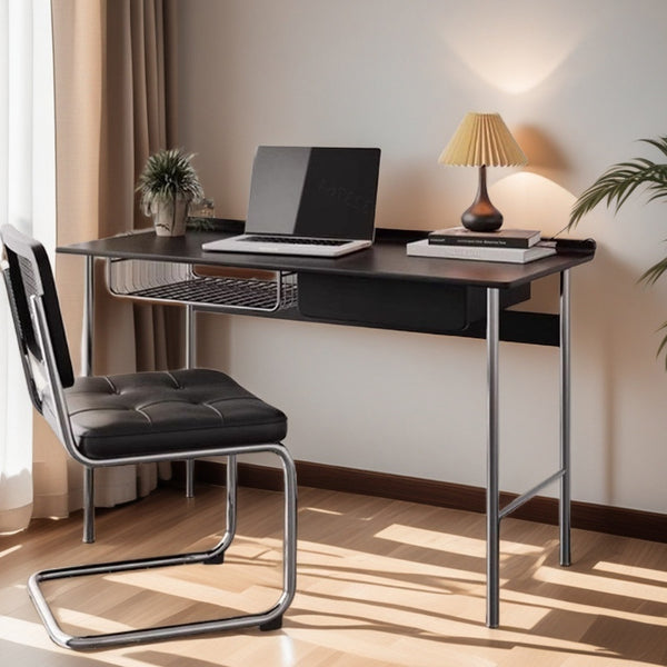 Modern Minimalist Rectangular Solid Wood Stainless Steel Desk 4-Leg 1-Drawer For Home Office