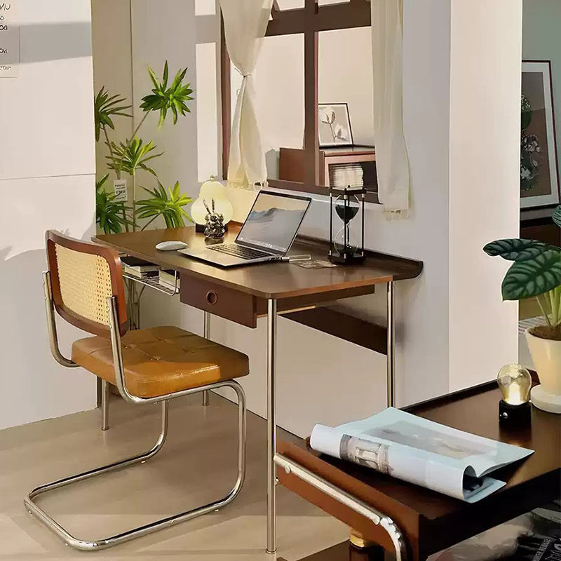 Modern Minimalist Rectangular Solid Wood Stainless Steel Desk 4-Leg 1-Drawer For Home Office