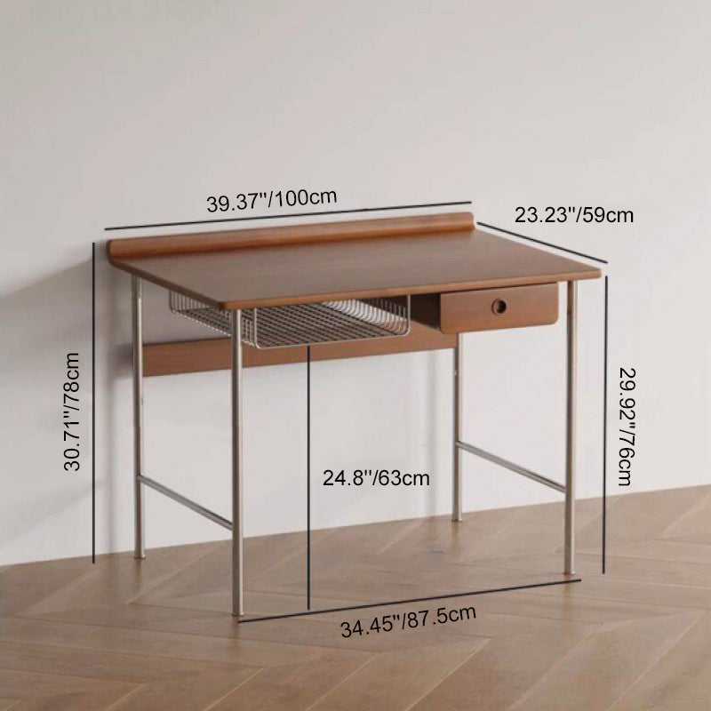 Modern Minimalist Rectangular Solid Wood Stainless Steel Desk 4-Leg 1-Drawer For Home Office