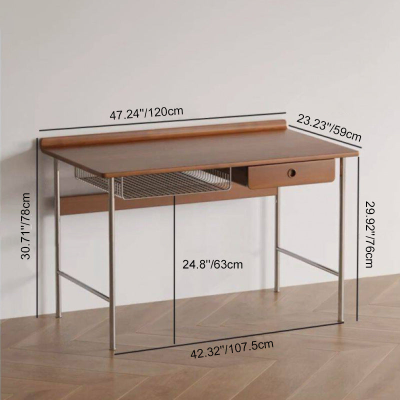 Modern Minimalist Rectangular Solid Wood Stainless Steel Desk 4-Leg 1-Drawer For Home Office