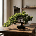 Lifelike Faux Pine Bonsai Tree in Black Pot Cascading Zen Artificial Plant for Home Office Desk and Shelf Decor