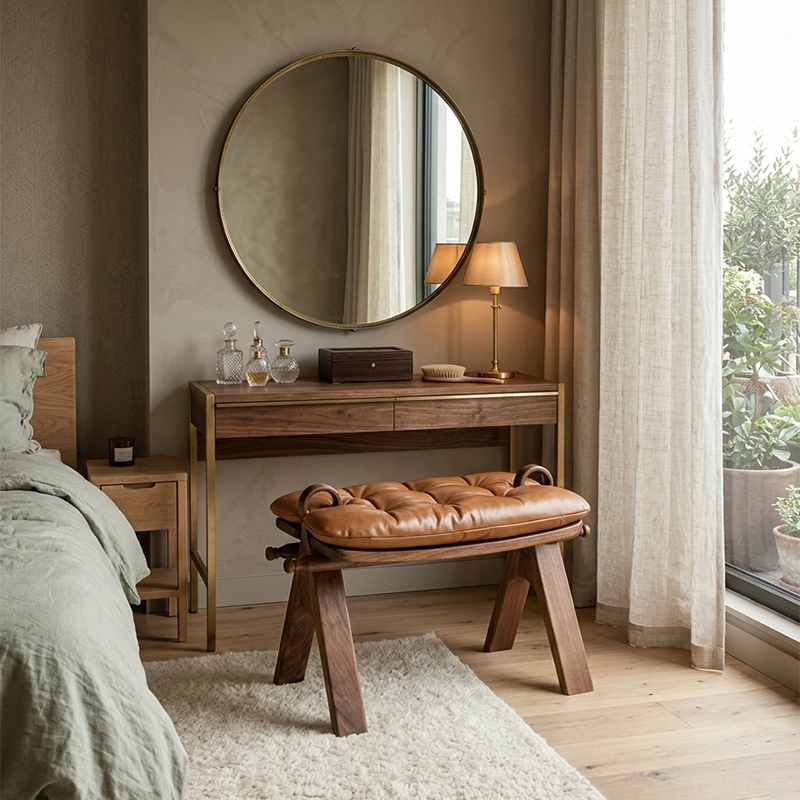 Contemporary Retro Top-Grain Leather Low Stool with Curved Rectangular Silhouette and Solid Wood Base – Perfect for Bedroom & Living Room