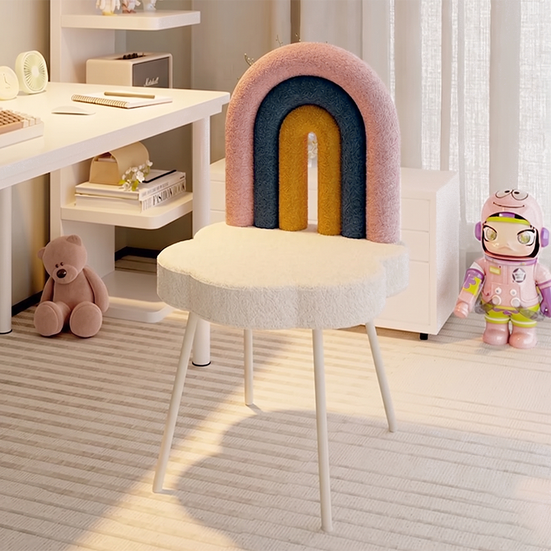 Contemporary Creative Rainbow Sherpa Fabric Iron Vanity Stool Backrest Armless For Bedroom