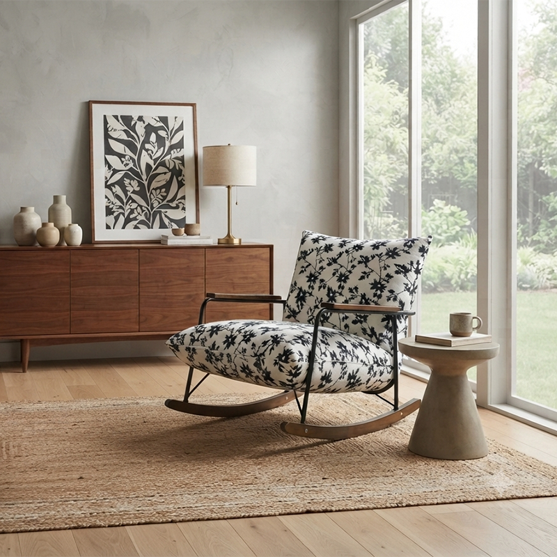 Sillón reclinable de franela con pintura a tinta, estilo retro contemporáneo, con estructura de hierro y base de madera de caucho, reposapiés, respaldo y apoyabrazos para salón.