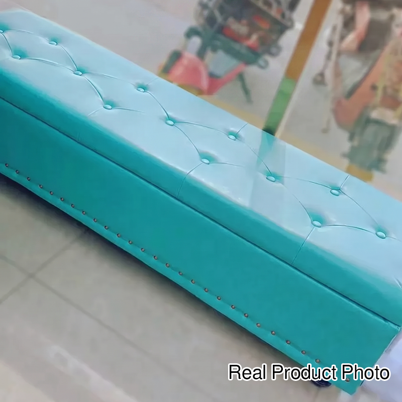 Banco de almacenamiento rectangular contemporáneo nórdico de tablero alistonado, tapizado en piel sintética con acabado de cera al aceite, para sala de estar