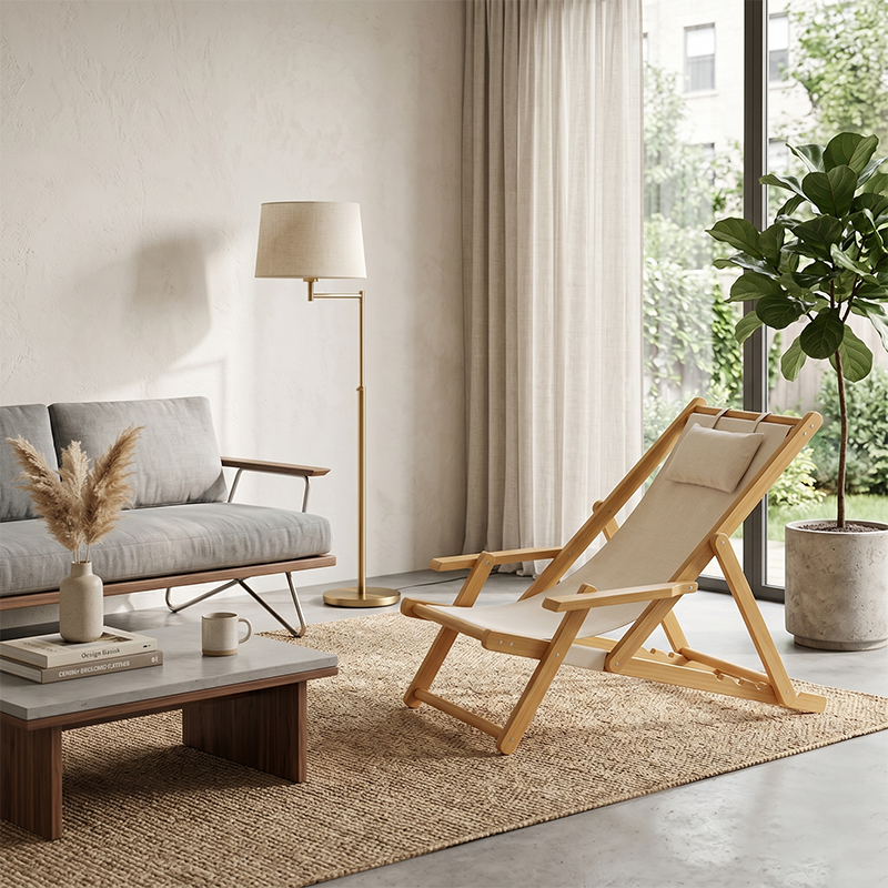 Sleek Modern Minimalist Rectangular Bamboo Oxford Fabric Foldable Recliner with Backrest and Armrests for Living Room