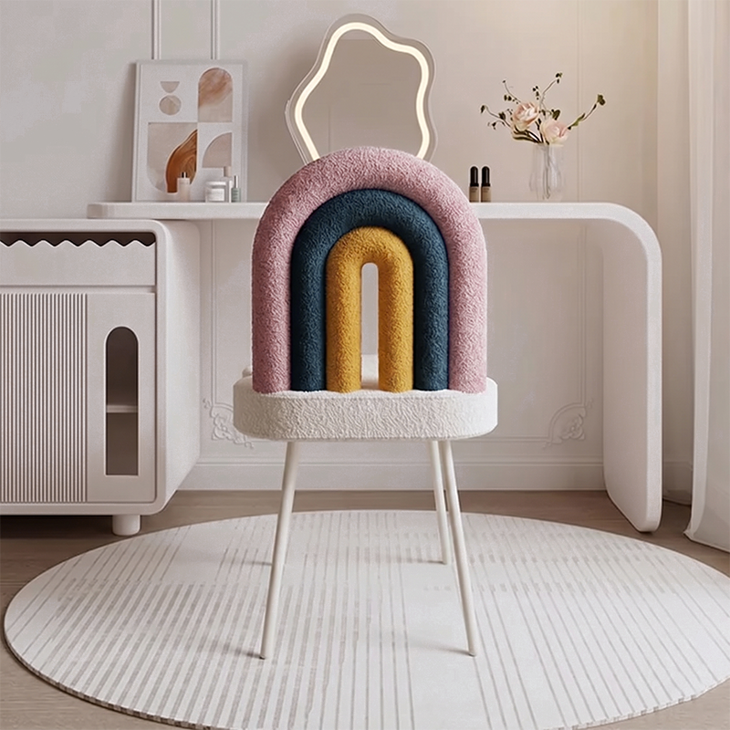 Contemporary Creative Rainbow Sherpa Fabric Iron Vanity Stool Backrest Armless For Bedroom