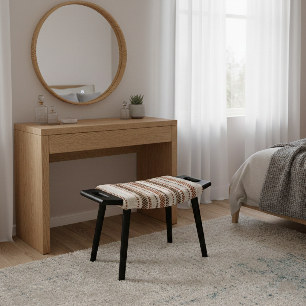 Contemporary Retro Vanity Stool - Curved Cotton-Linen Seat, Solid Wood Construction with Handles for the bedroom