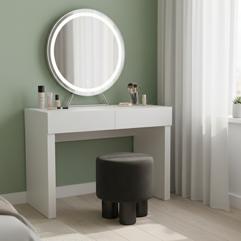 Modern Minimalist Three-Leg Vanity Stool with PU Leather, Velvet Sherpa Fabric, and Soft-Edge Finish – Perfect for the Bedroom