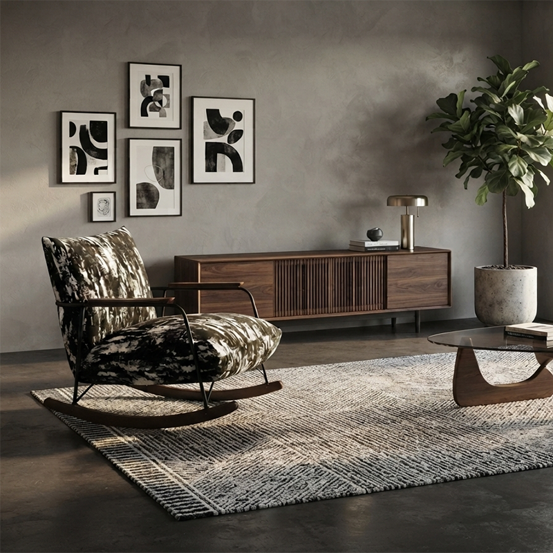 Sillón reclinable de franela con pintura a tinta, estilo retro contemporáneo, con estructura de hierro y base de madera de caucho, reposapiés, respaldo y apoyabrazos para salón.