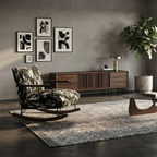 Sillón reclinable de franela con pintura a tinta, estilo retro contemporáneo, con estructura de hierro y base de madera de caucho, reposapiés, respaldo y apoyabrazos para salón.