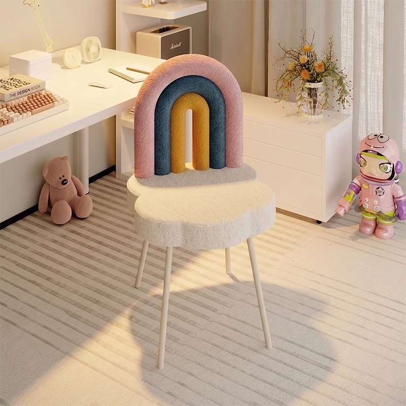 Contemporary Creative Rainbow Sherpa Fabric Iron Vanity Stool Backrest Armless For Bedroom