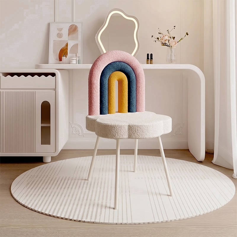 Contemporary Creative Rainbow Sherpa Fabric Iron Vanity Stool Backrest Armless For Bedroom