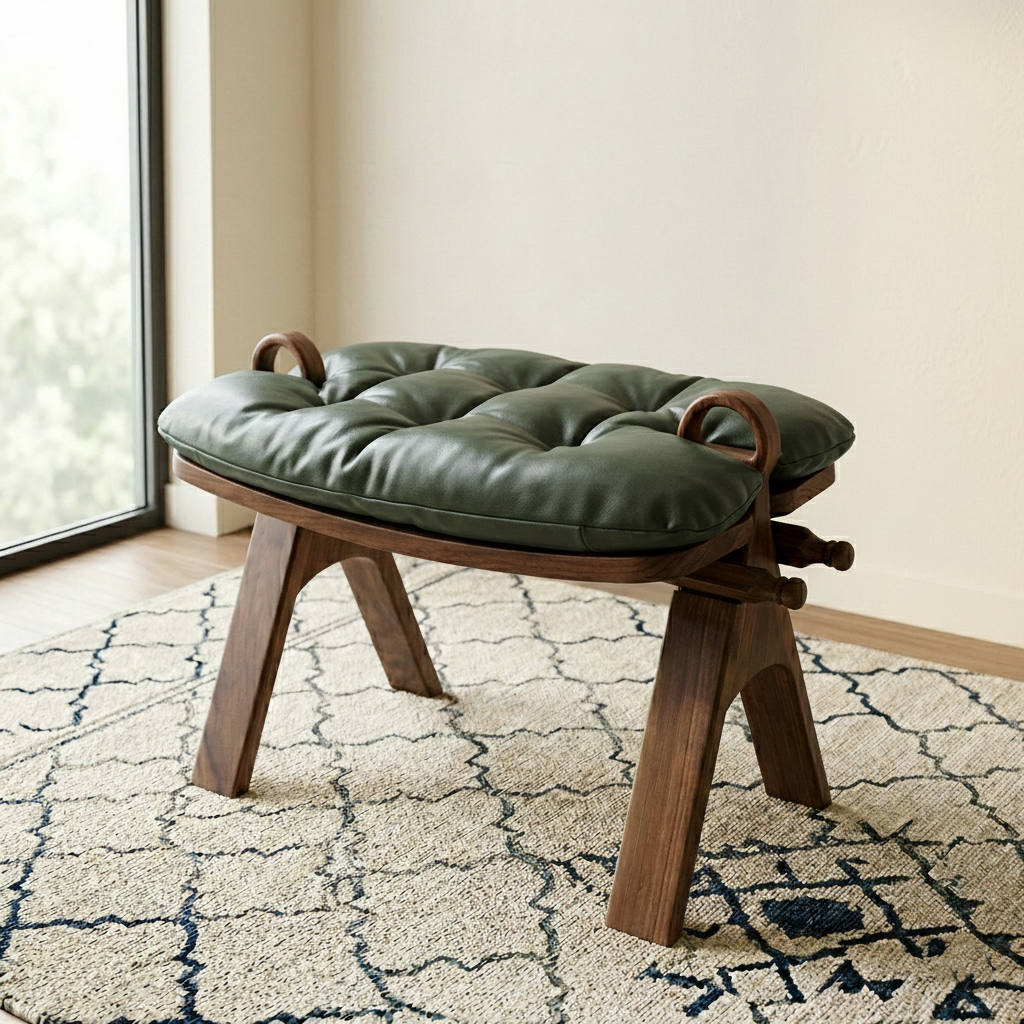Contemporary Retro Top-Grain Leather Low Stool with Curved Rectangular Silhouette and Solid Wood Base – Perfect for Bedroom & Living Room
