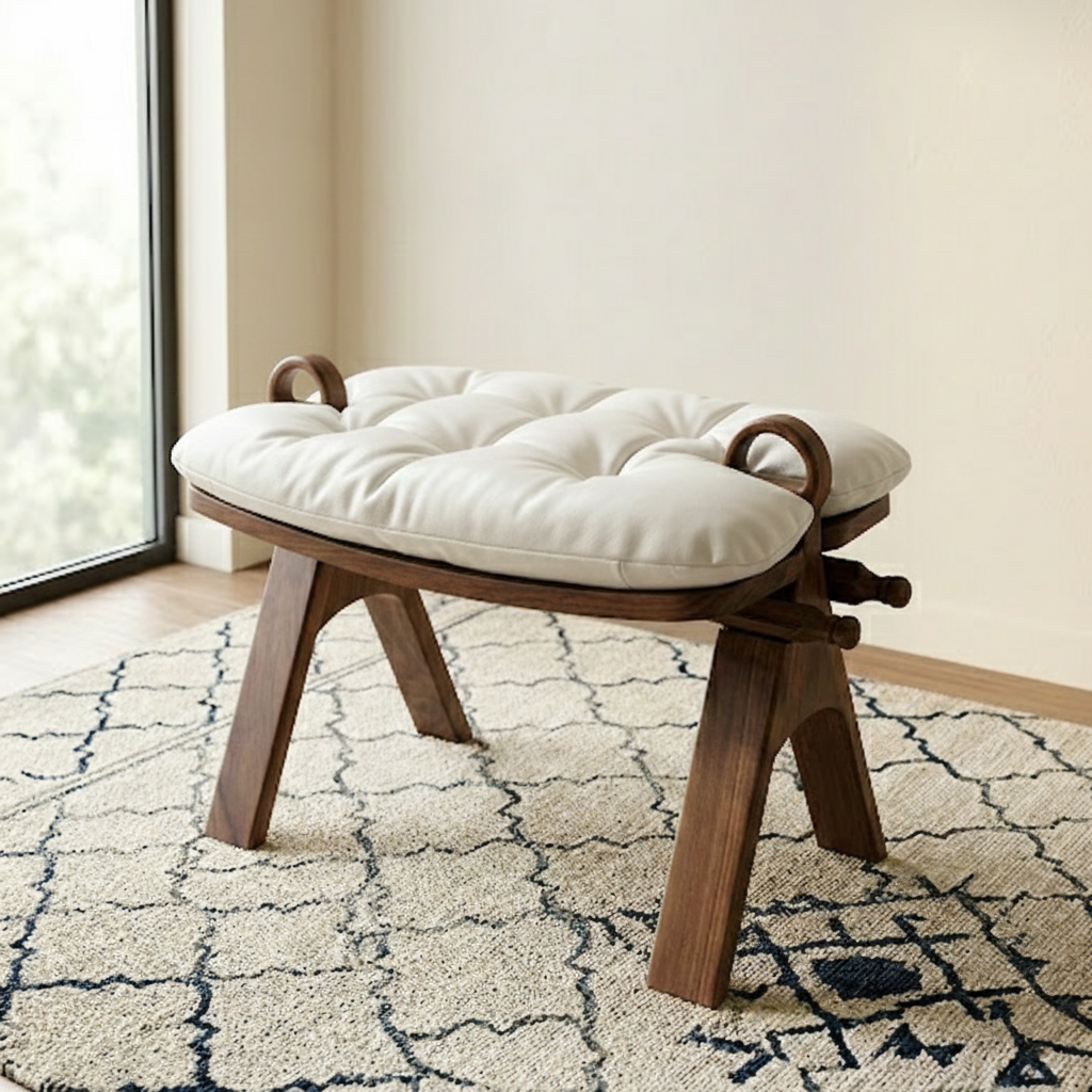 Contemporary Retro Top-Grain Leather Low Stool with Curved Rectangular Silhouette and Solid Wood Base – Perfect for Bedroom & Living Room