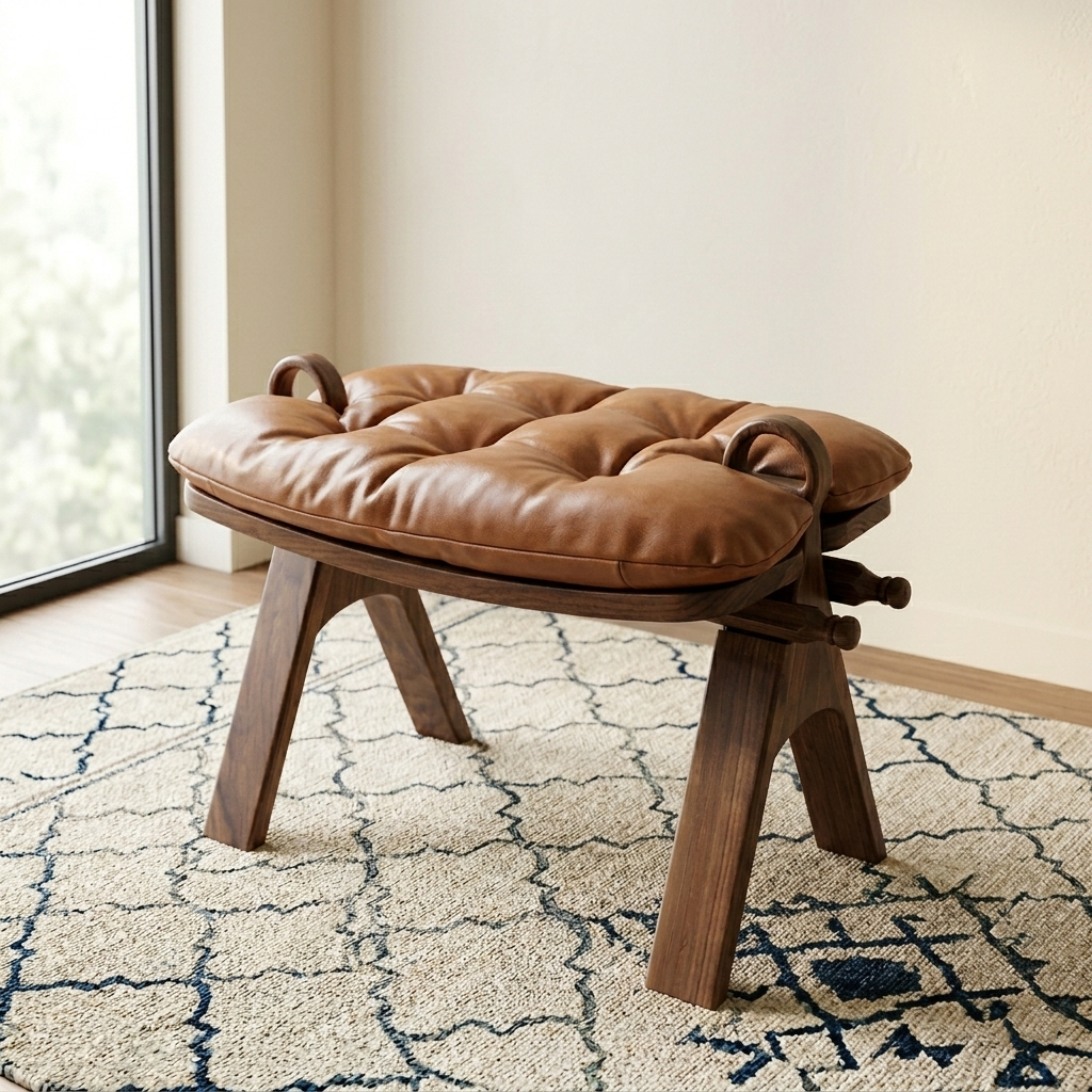 Contemporary Retro Top-Grain Leather Low Stool with Curved Rectangular Silhouette and Solid Wood Base – Perfect for Bedroom & Living Room