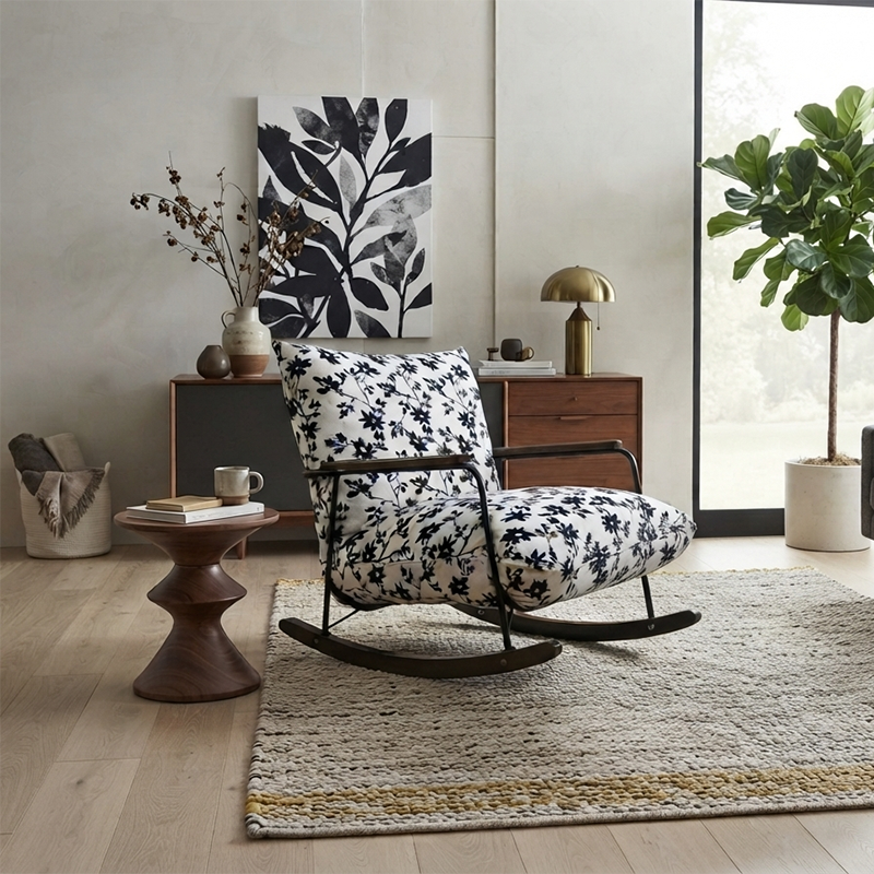 Contemporary Retro Ink-Painted Flannelette Recliner with Iron Frame and Rubberwood Base, Footrest, Backrest & Armrests for Living Room