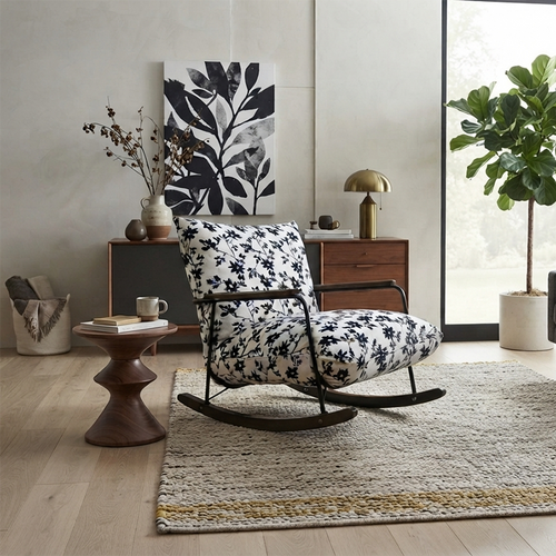 Contemporary Retro Ink-Painted Flannelette Recliner with Iron Frame and Rubberwood Base, Footrest, Backrest & Armrests for Living Room