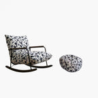 Sillón reclinable de franela con pintura a tinta, estilo retro contemporáneo, con estructura de hierro y base de madera de caucho, reposapiés, respaldo y apoyabrazos para salón.