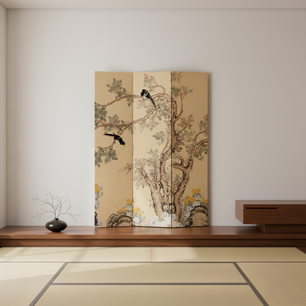 Traditional French Rectangular Fir Wood Solid Wood Plywood Cotton Canvas Floral And Bird Motif Room Divider For Living Room