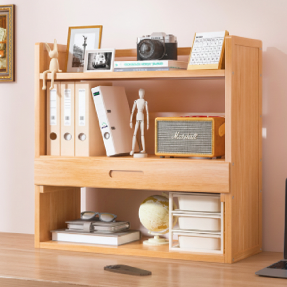 Contemporary Scandinavian Rectangular Nan Bamboo Medium-Density Fiberboard Storage Bookshelf 2/3-Tier 1-Drawer For Bedroom & Study