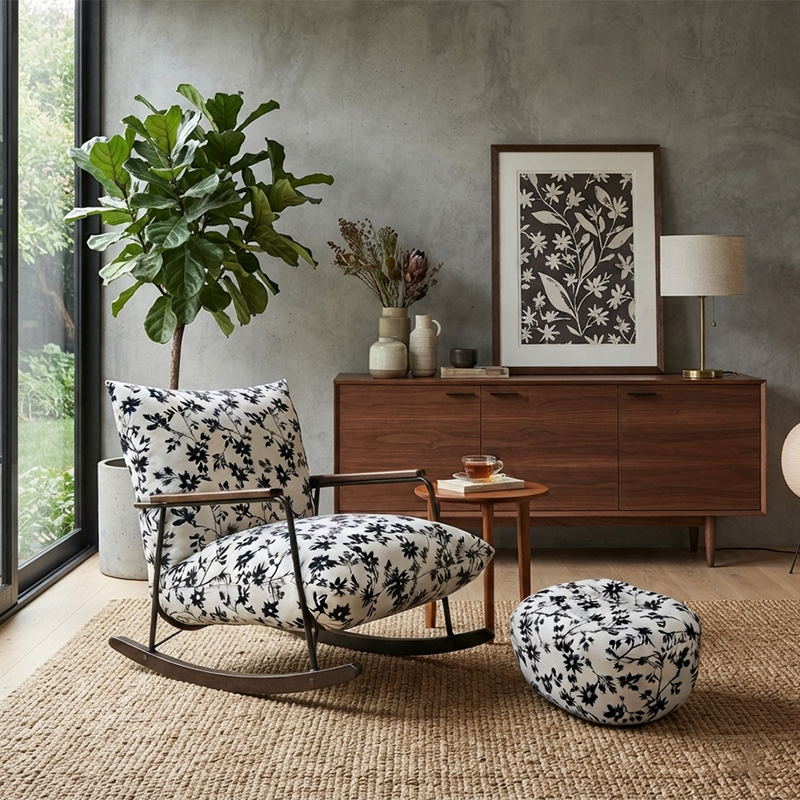 Contemporary Retro Ink-Painted Flannelette Recliner with Iron Frame and Rubberwood Base, Footrest, Backrest & Armrests for Living Room