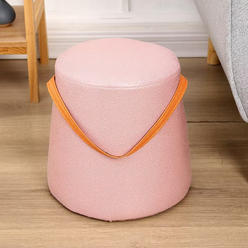 Contemporary Nordic Velvet Fabric Round Cylinder Footstool with Wooden Base - Portable Entryway Seat