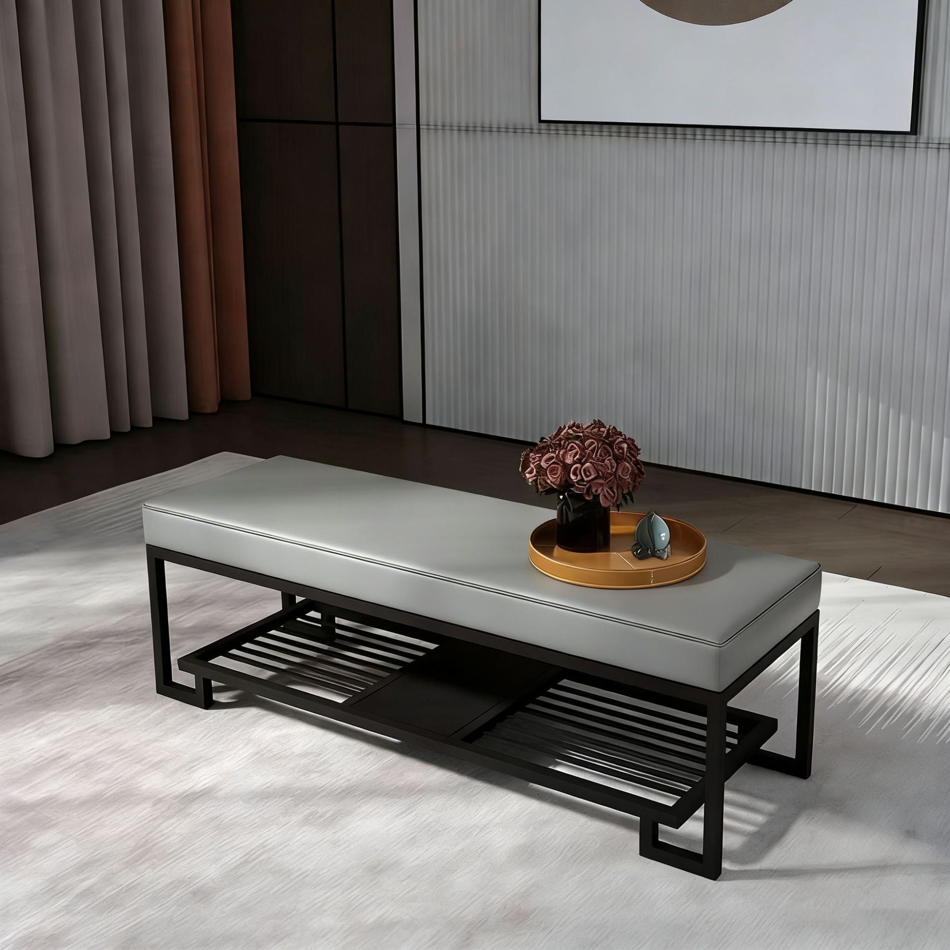 Modern Minimalist Rectangular Wrought Iron PU Leather Synthetic Fabric Shoe Bench 2-Tier For Entryway