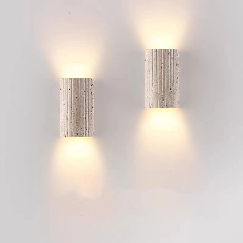 Organic Modern Fluted Natural Stone Wall Sconce Up/Down LED Cylindrical Accent Light for Hallway and Bedroom