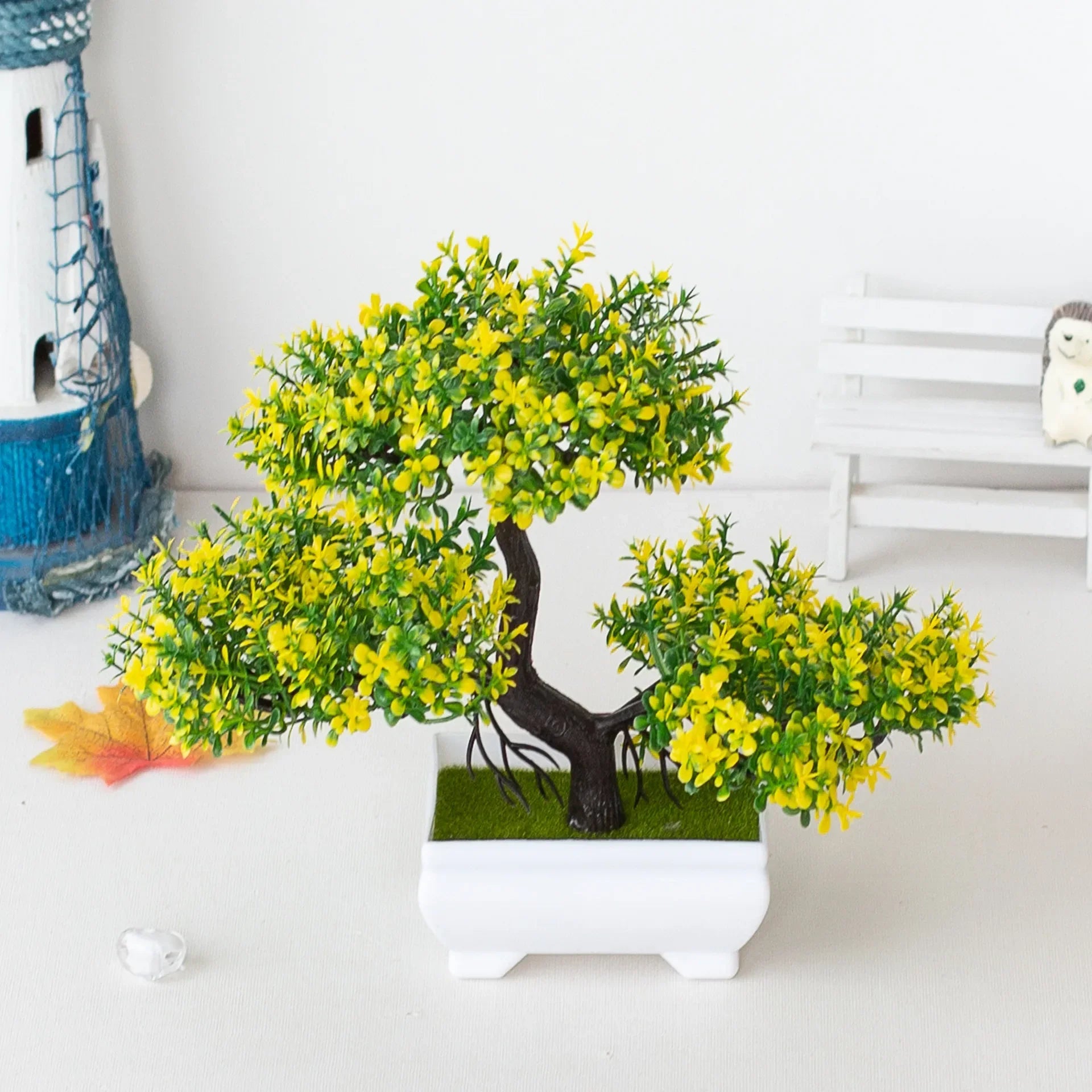 Lifelike Faux Bonsai Tree in White Pot Mini Zen Artificial Plant for Office Desk and Shelf Decor