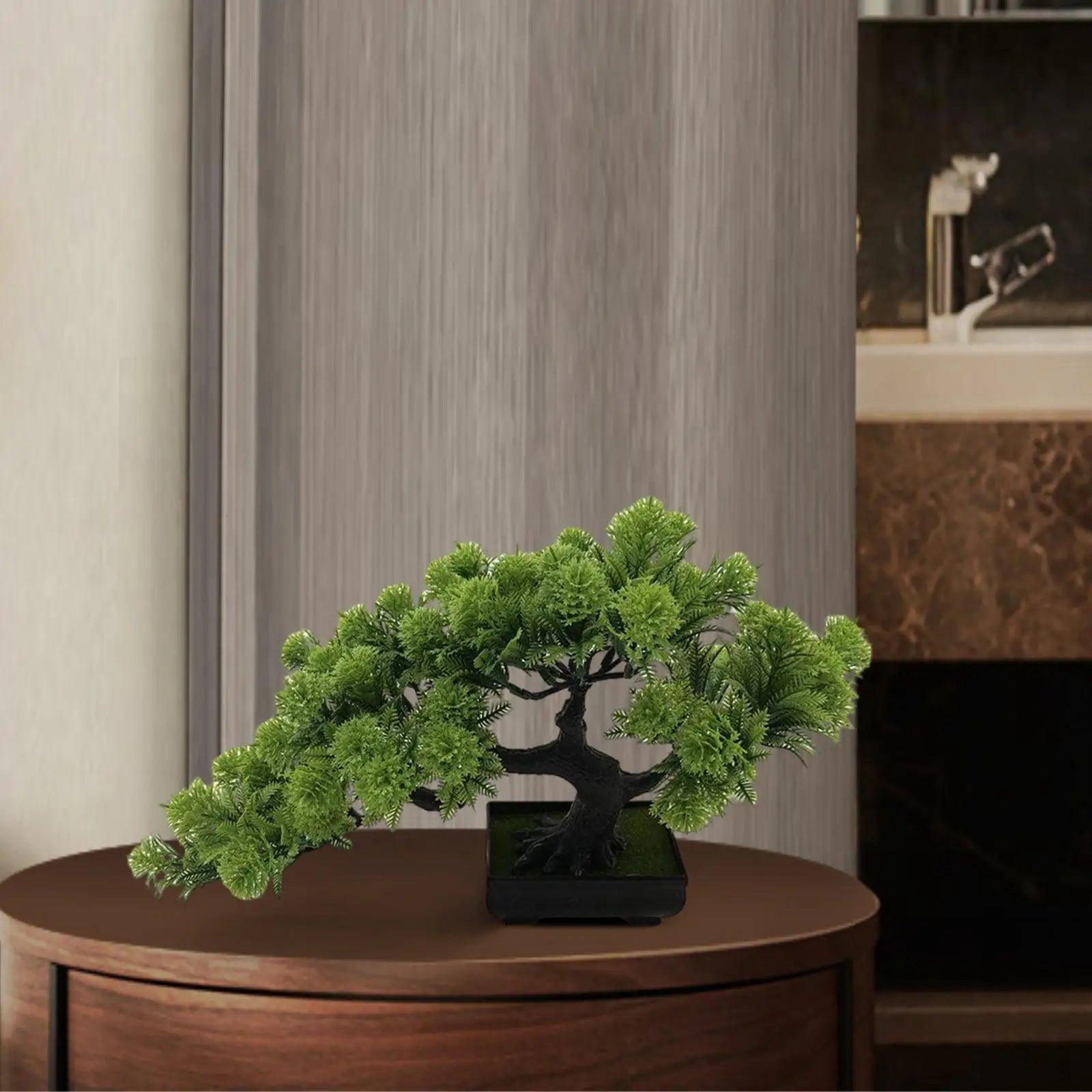 Lifelike Faux Pine Bonsai Tree in Black Pot Cascading Zen Artificial Plant for Home Office Desk and Shelf Decor