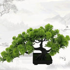 Lifelike Faux Pine Bonsai Tree in Black Pot Cascading Zen Artificial Plant for Home Office Desk and Shelf Decor