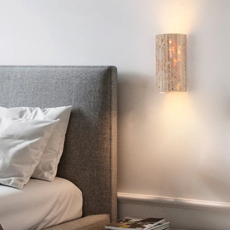 Organic Modern Fluted Natural Stone Wall Sconce Up/Down LED Cylindrical Accent Light for Hallway and Bedroom