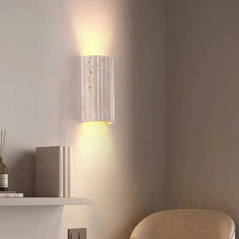 Organic Modern Fluted Natural Stone Wall Sconce Up/Down LED Cylindrical Accent Light for Hallway and Bedroom