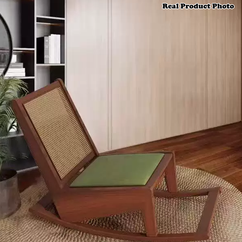 Rustic Traditional Rectangular Rubberwood Frame Recliner with PVC-Woven Rattan Backrest and Footrest for Outdoor Patio