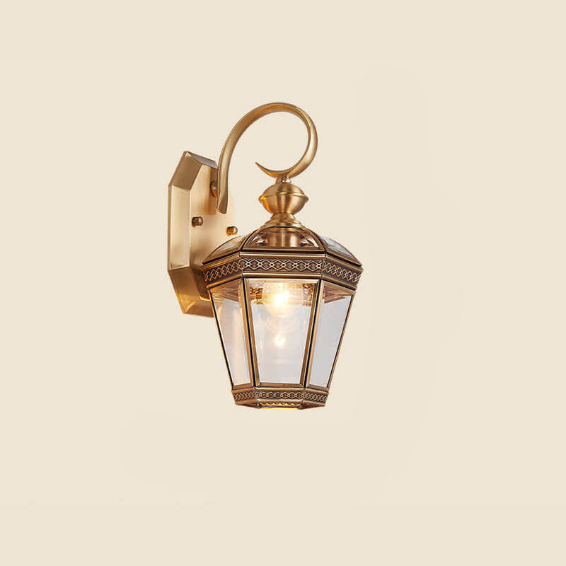 Lámpara de pared exterior europea moderna hexagonal de cobre y cristal impermeable de 1 luz