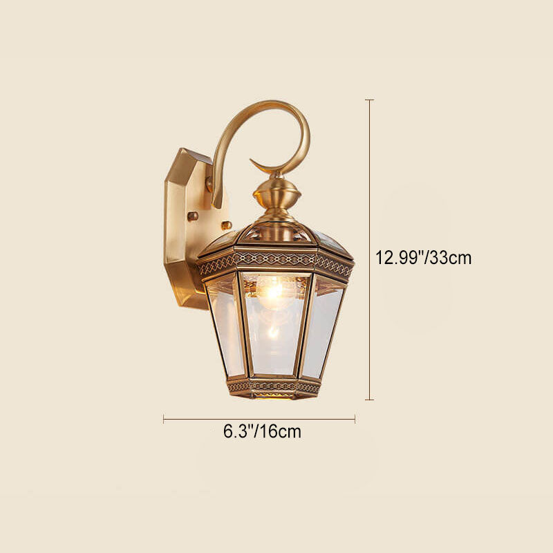 Lámpara de pared exterior europea moderna hexagonal de cobre y cristal impermeable de 1 luz