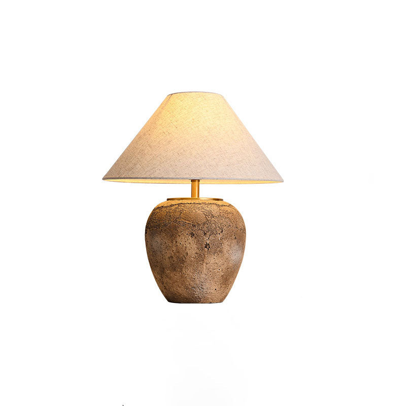 Organic Modern Textured Ceramic Table Lamp with Natural Linen Shade Rustic Wabi-Sabi Accent Light for Bedroom and Living Room