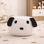 Taburete redondo de vellón tipo osito de peluche con diseño art déco moderno, construcción de madera contrachapado, sin respaldo y sin brazos, de perfil bajo para sala de estar