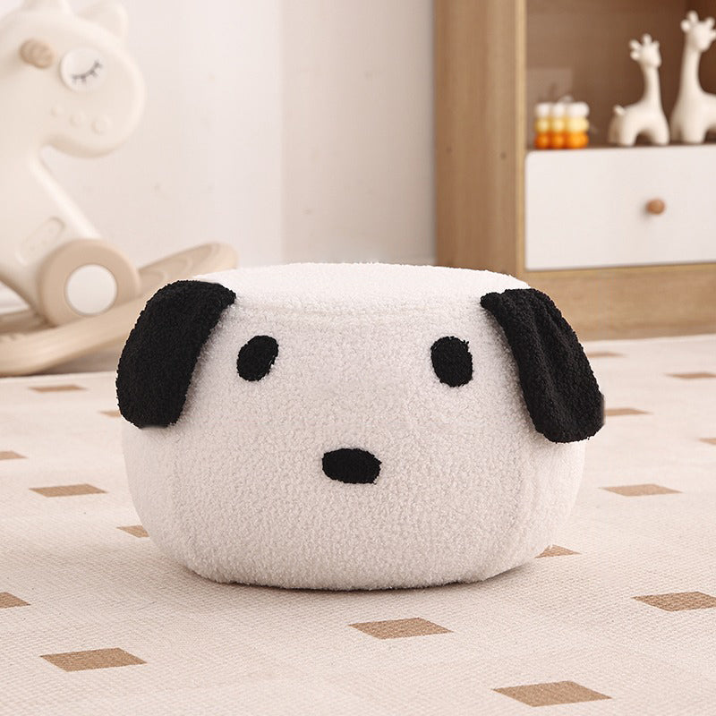 Taburete redondo de vellón tipo osito de peluche con diseño art déco moderno, construcción de madera contrachapado, sin respaldo y sin brazos, de perfil bajo para sala de estar