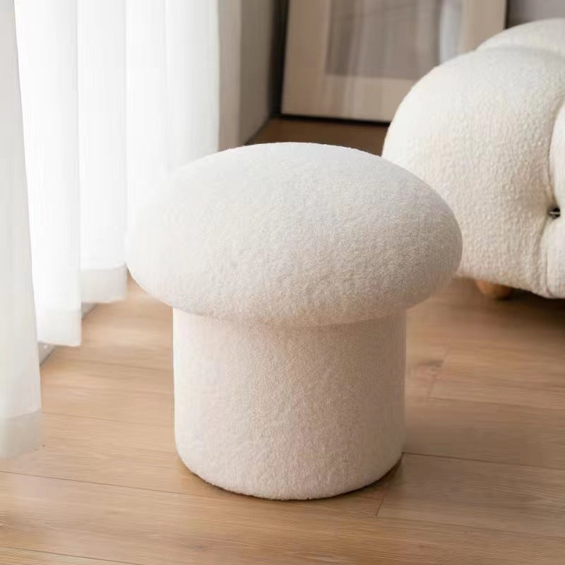 Taburete cilíndrico moderno minimalista de forro polar sherpa con forma de hongo y diseño de madera para dormitorio