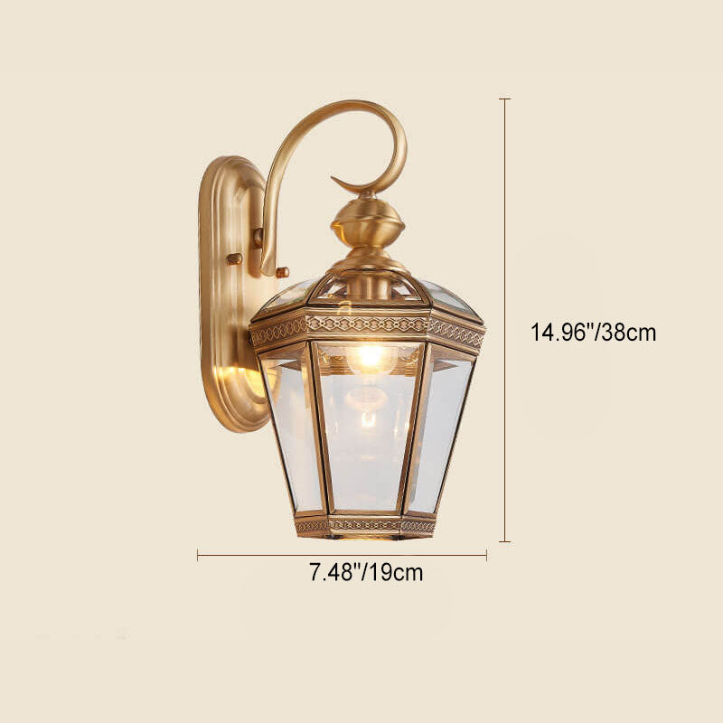 Lámpara de pared exterior europea moderna hexagonal de cobre y cristal impermeable de 1 luz