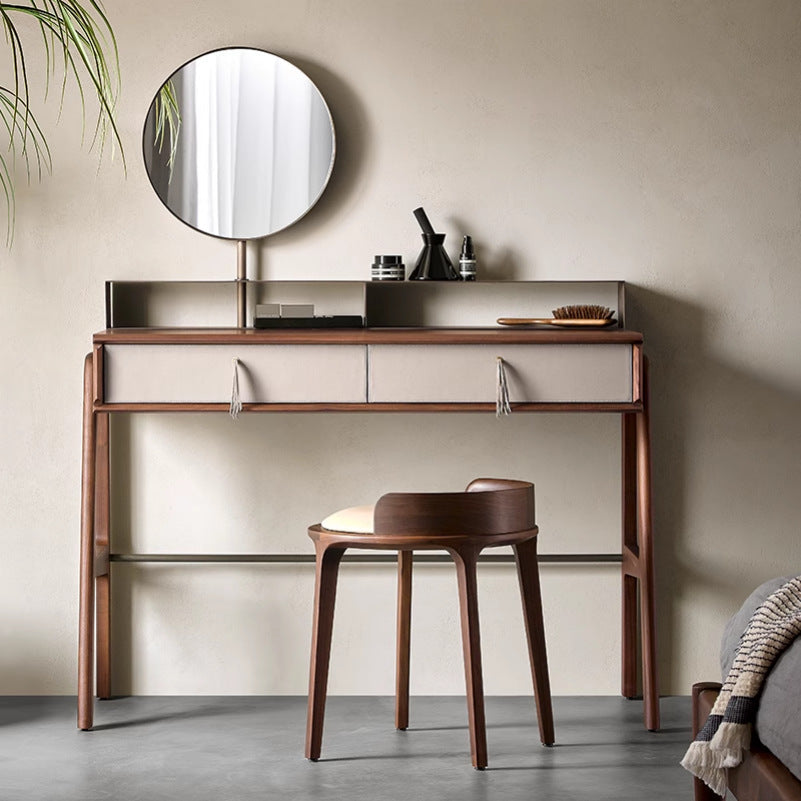 Elegant Traditional Vintage Round PU Leather Upholstered Vanity Stool with Wood Frame — Backless, Ideal Bedroom Accent