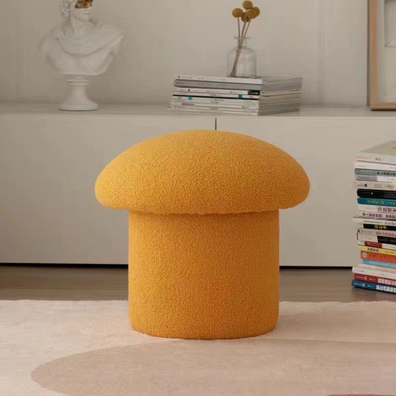 Taburete cilíndrico moderno minimalista de forro polar sherpa con forma de hongo y diseño de madera para dormitorio