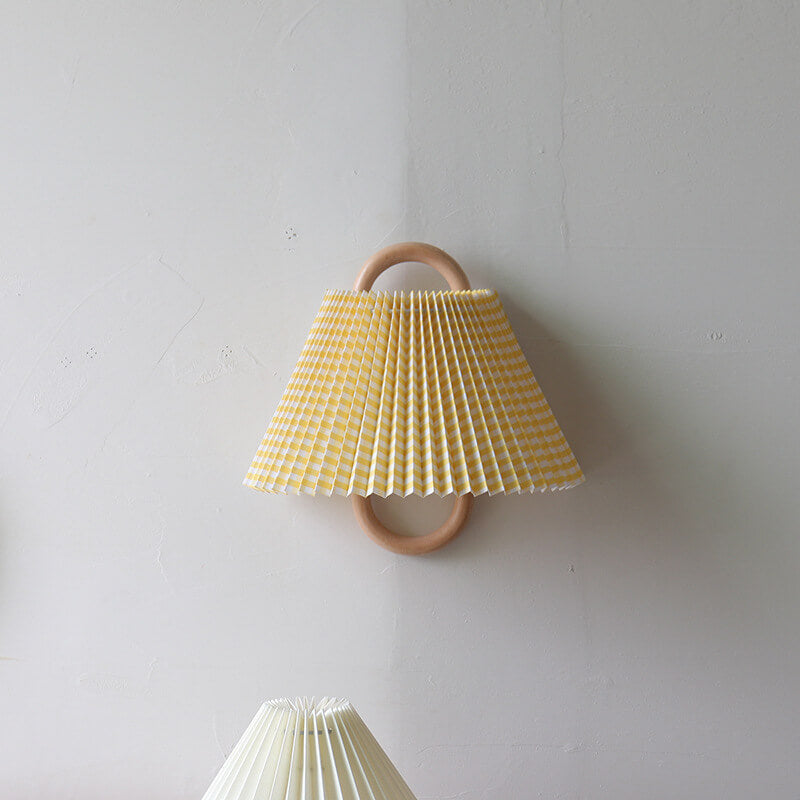 Japandi Solid Wood Wall Sconce Pleated Fabric Plug-In Bedside Reading Lamp for Bedroom and Living Room