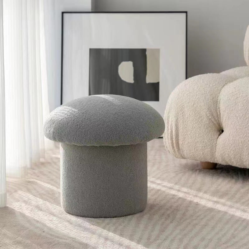 Modern Minimalist Mushroom Cylinder Sherpa Fleece Wood Vanity Stool For Bedroom