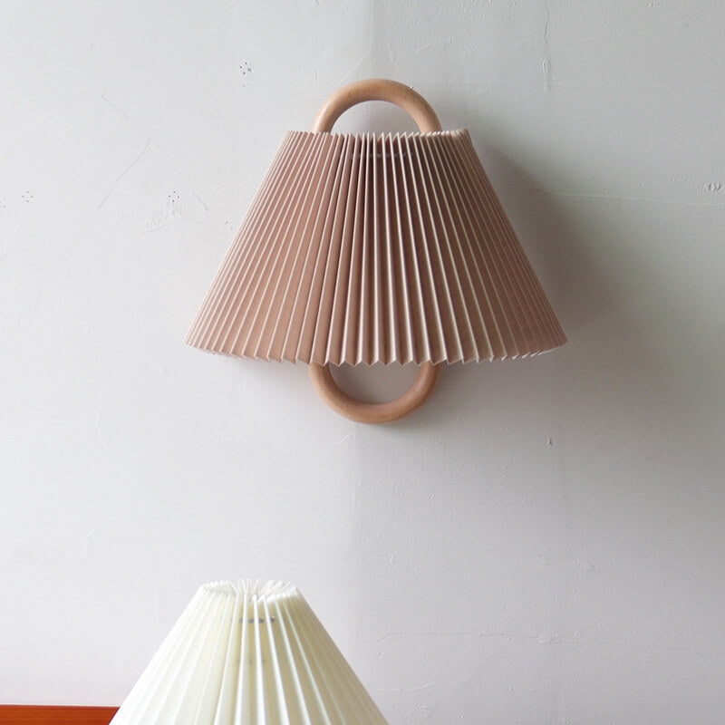 Japandi Solid Wood Wall Sconce Pleated Fabric Plug-In Bedside Reading Lamp for Bedroom and Living Room