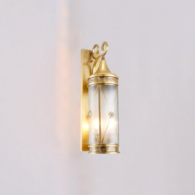 Lámpara de pared exterior de 3 luces con pantalla de cristal con diseño de agua cilíndrico y marco de latón de lujo contemporáneo para jardín
