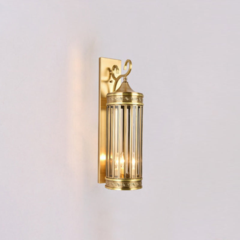Lámpara de pared exterior de 3 luces con pantalla de cristal con diseño de agua cilíndrico y marco de latón de lujo contemporáneo para jardín